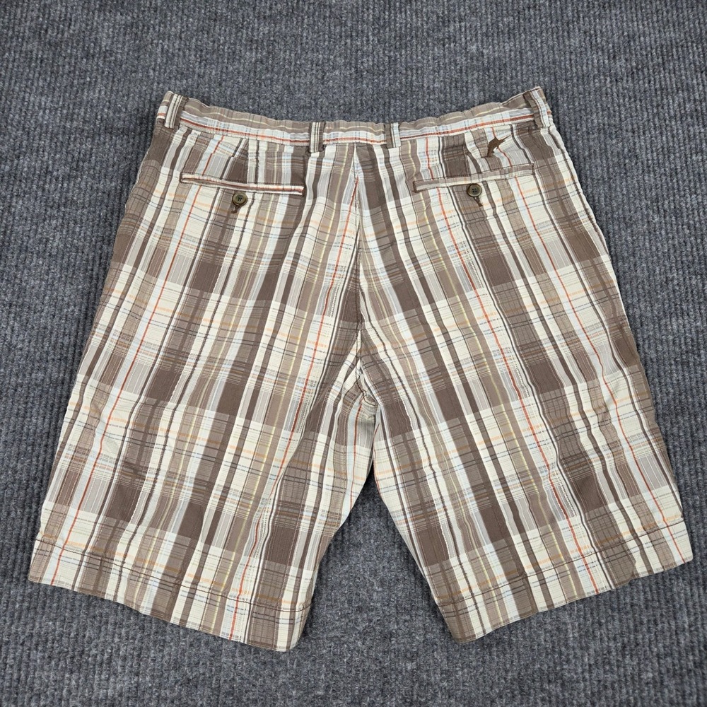 Tommy Bahama Men Brown Plaid Cotton Silk Blend Flat Front Shorts Size‎ 35